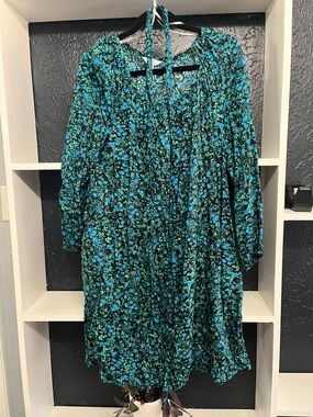 Terra & Sky Black Dress with Teal Floral Print - Long Sleeve